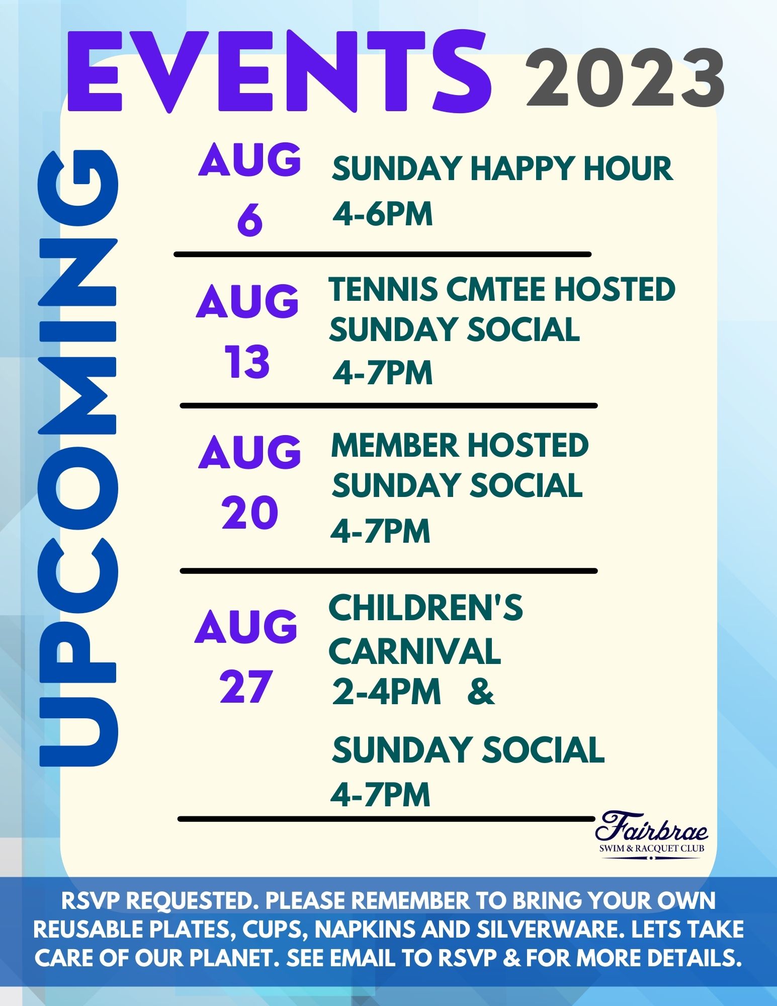 Upcoming August Events Fairbrae